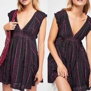 Free People Dress Boho Burlap Raw Flowy Frayed Plunge